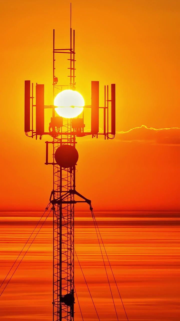 Solen skinner gennem et mobilmast ved solnedgang og skaber en levende orange himmelbaggrund.