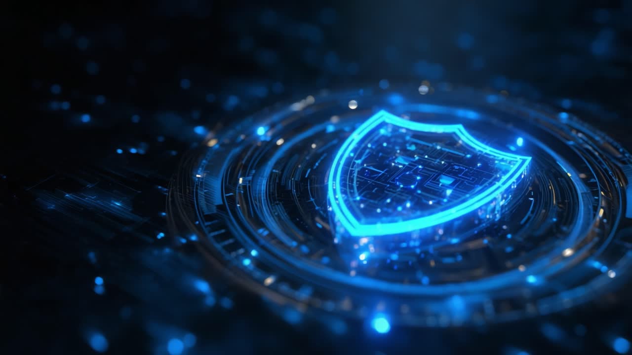 Futuristic Shield Symbol with Digital Circuit Design Representing Cybersecurity and Protection Against Threats in a High-Tech Environment