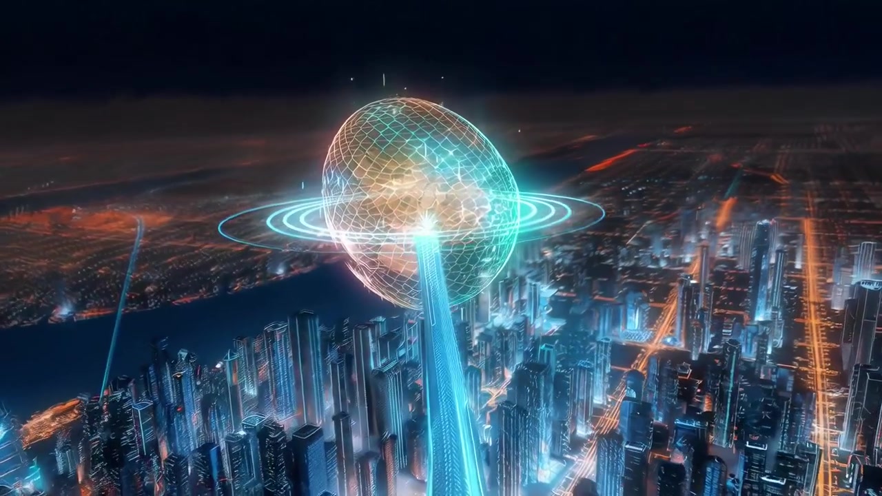 Futuristic Cityscape with Glowing Digital Energy Sphere Above Skyscraper