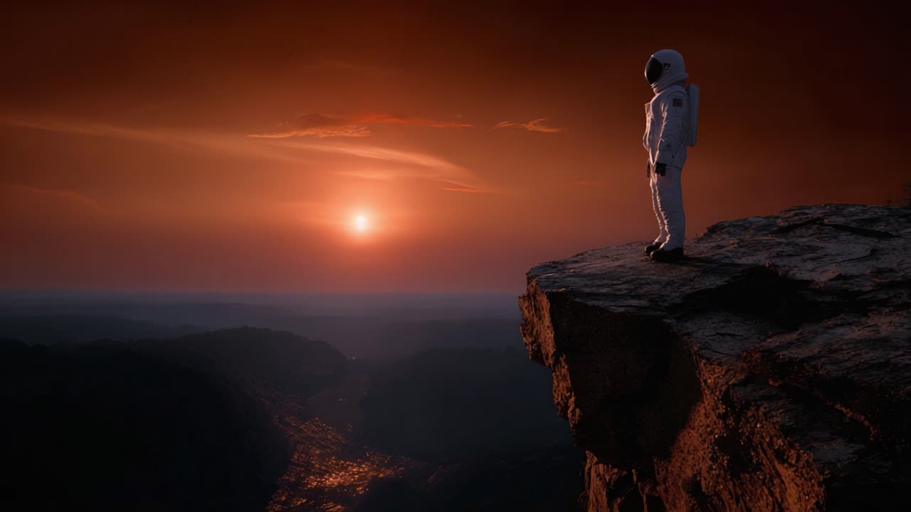 An astronaut stands on the edge of a cliff, gazing at a breathtaking sunset, surrounded by vast landscapes and dramatic skies in a stunning cosmic scene
