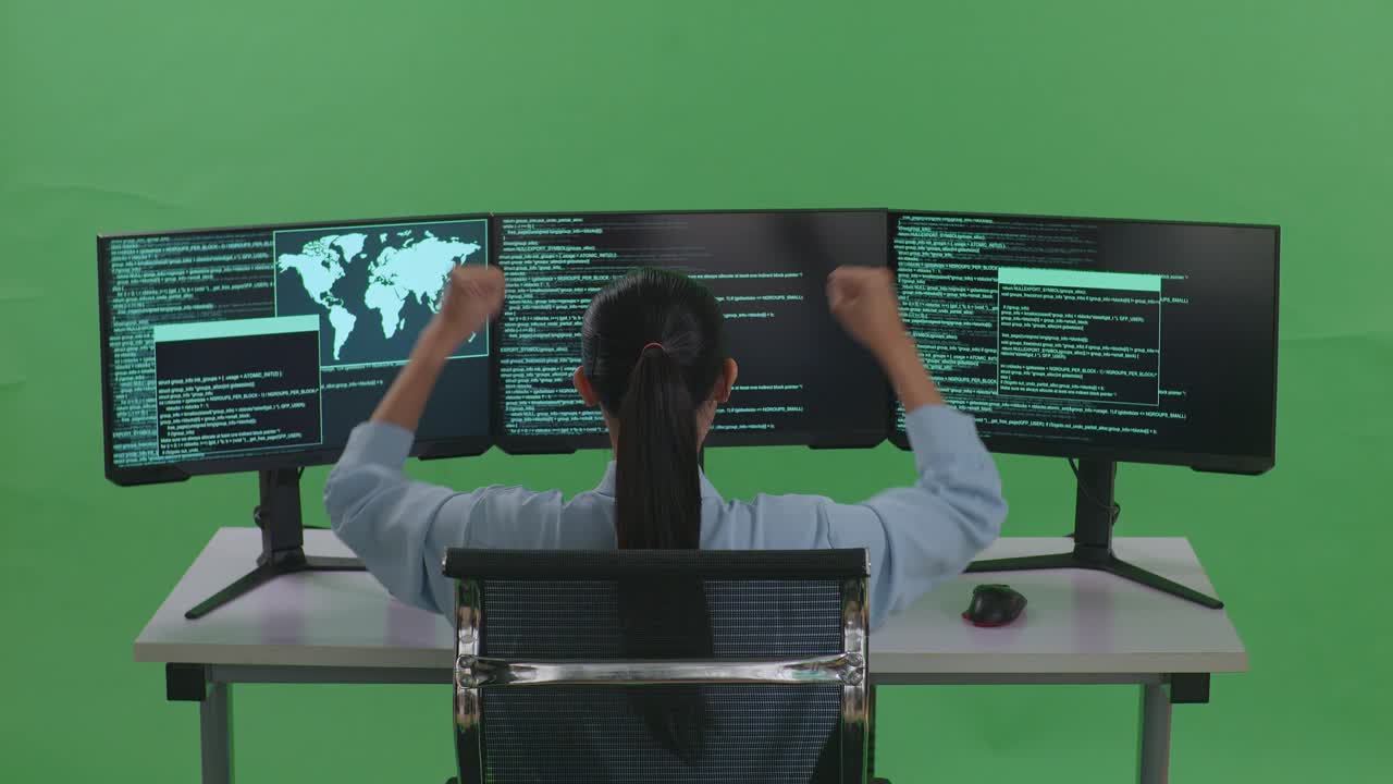 Back View Of Happy Asian Woman Developer Celebrating And Dancing While Write Code With Multiple Computer Screens In Green Screen Studio