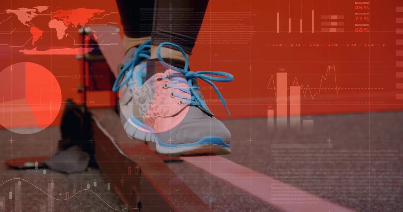 Animation of statistics and data processing over caucasian woman walking on bar