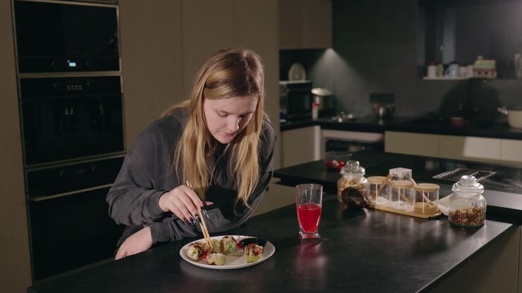 Woman eating sushi in a kitchen