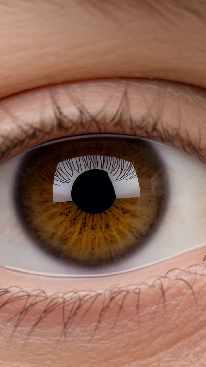 Vertical video: Opening shot focusing hazel iris pupil changing in room, with window reflection