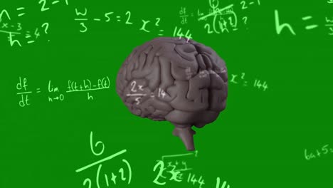 animation of rotating brain and math formulas on green background