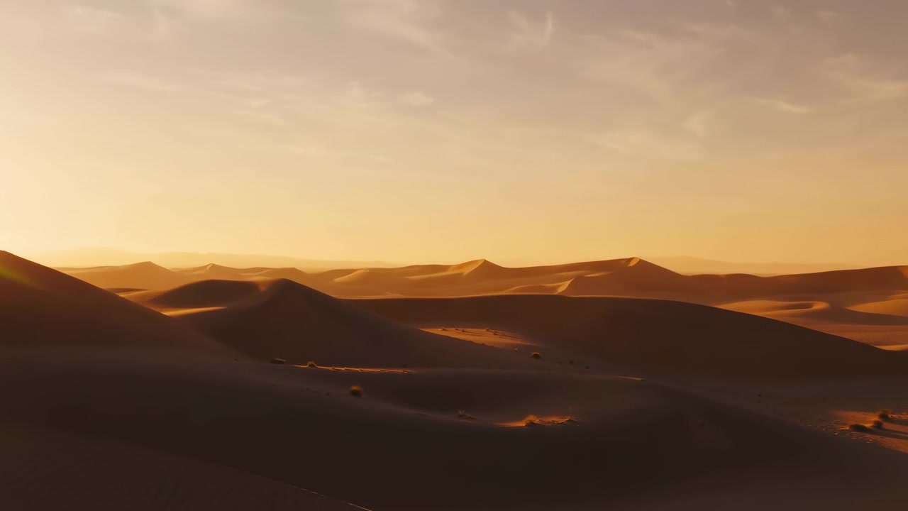 Scena panoramica del deserto che mostra dune di sabbia ondulate bagnate da una calda luce solare radente vicino all'alba o al tramonto, primo piano caratterizzato da pendii in ombra, texture a increspature, ciottoli sparsi e una leggera foschia.