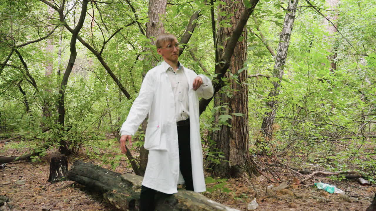 Ecologist in white coat and glasses walking forest path holding black bag, stepping over fallen stump, placing bag down and bringing out microscope from coat pocket preparing to observe woodland