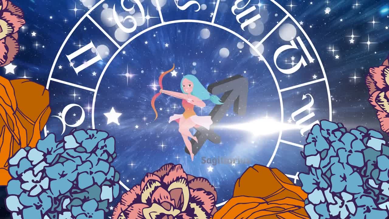 animación del signo de sagitario y el horóscopo de la rueda del signo del zodiaco sobre un fondo púrpura