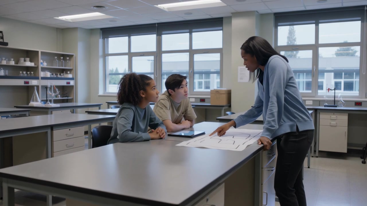 Spotting tablet, teacher in blue sweater leaning, pointing at poster on lab bench, guiding students