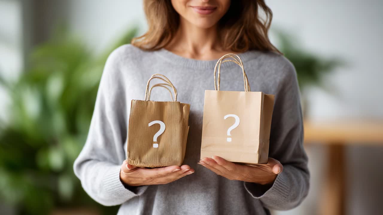 Una donna presenta due sacchetti regalo misteriosi, mostrando curiosità ed entusiasmo, con punti interrogativi che simboleggiano la sorpresa all'interno di ogni sacchetto in un ambiente accogliente