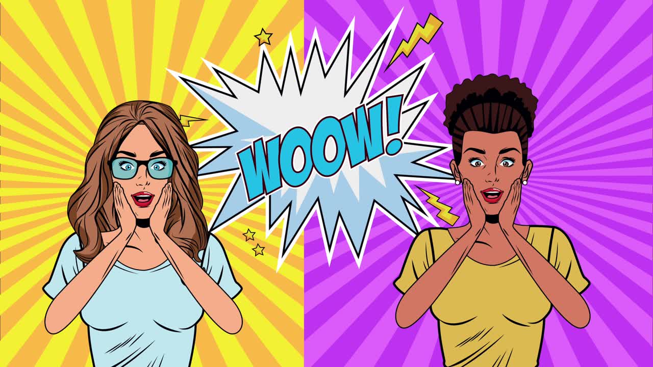 와우 워드 팝 아트 스타일의 아름다운 인종 간 여성