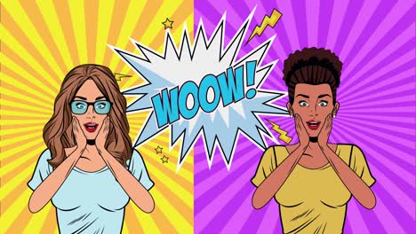 hermosas mujeres interraciales con wow palabra estilo pop art