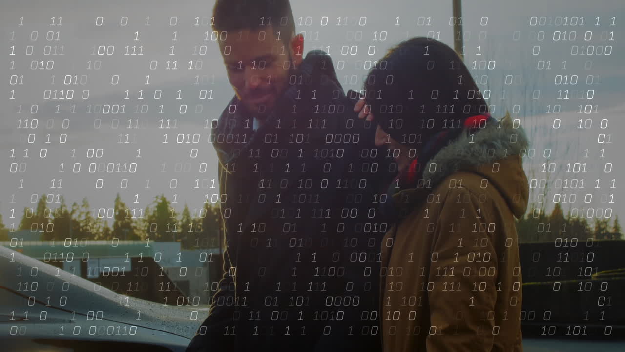 man and woman interacting next to parked car outdoors, showing technology with floating binary code