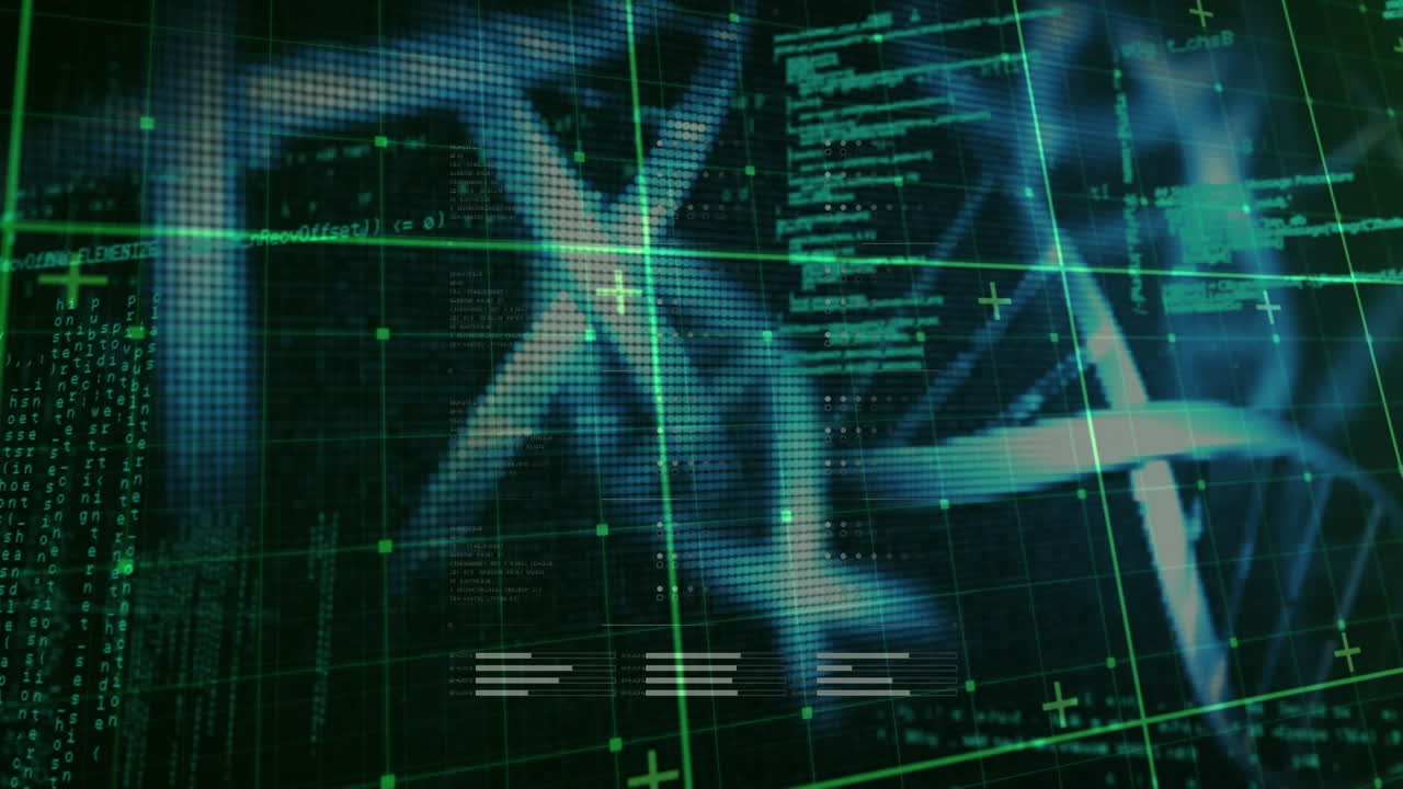 Animation of data processing over dna strands spinning