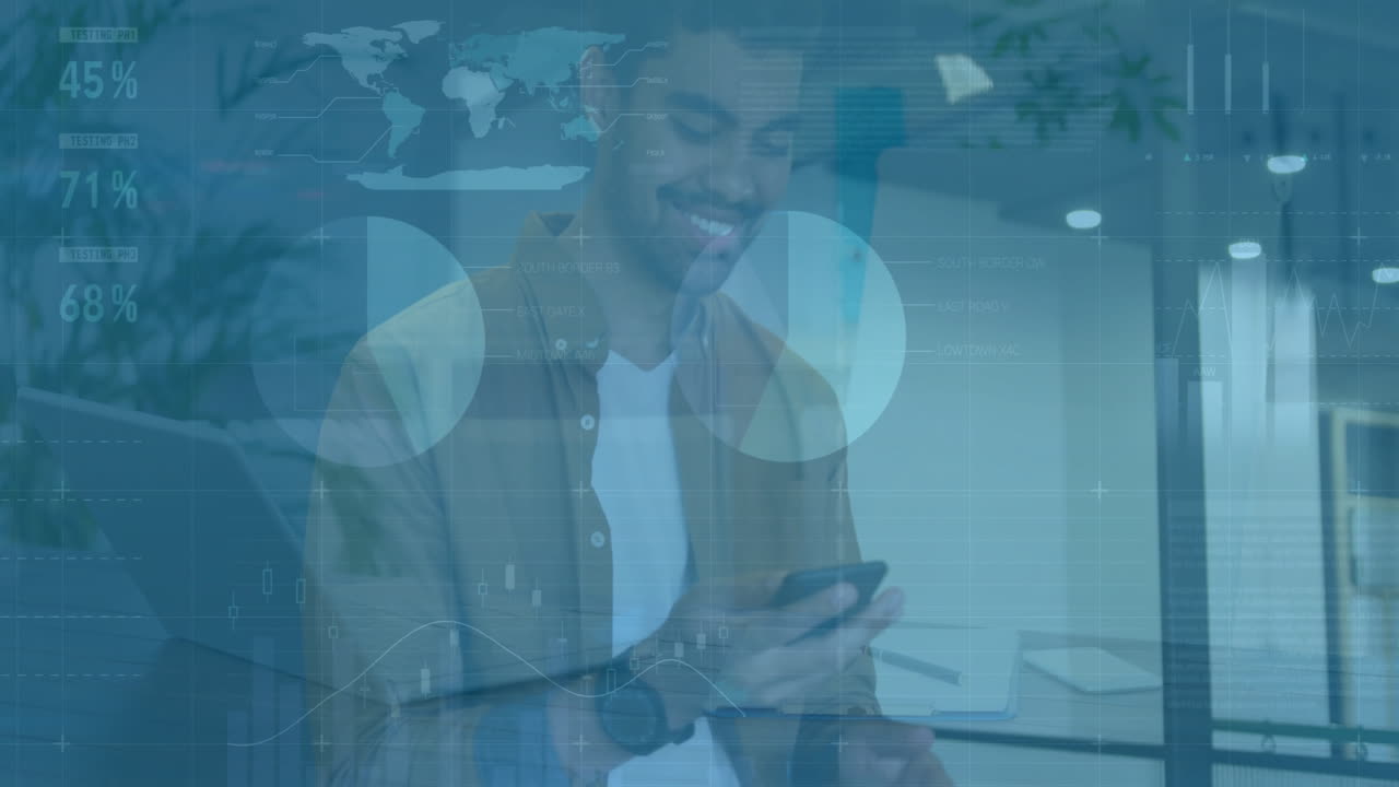 Animation of diagrams and data processing over biracial businessman using smartphone
