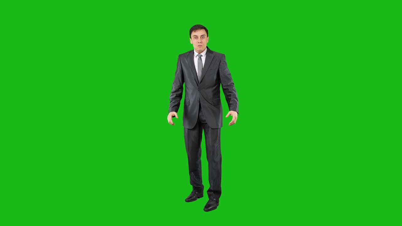 Businessman in Suit Expressing Various Emotions and Gestures on Green Screen