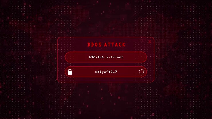 DDoS Computer Hacking attack over red binary background with digital world map. DDos system password hacking concept