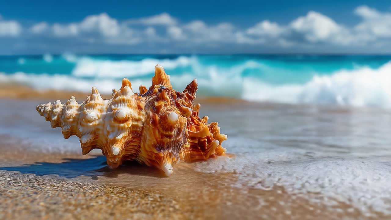 A Stunning Close-Up of a Beautiful Shell on the Sandy Beach with Waves Gently Lapping in the Background, Capturing the Essence of Coastal Beauty and Nature's Wonders