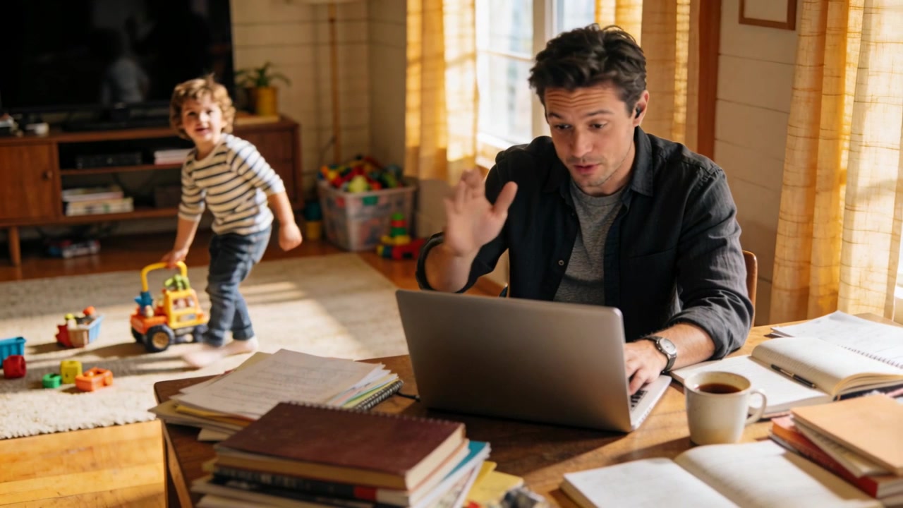 Noticing toddler pushing toy truck at home, dad dark shirt giving high five, resuming laptop typing