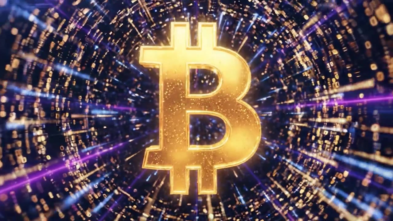 Una visualizzazione mozzafiato di Bitcoin circondato da particelle energetiche e vivaci flussi di luce in uno spazio digitale, che rappresenta la criptovaluta e la tecnologia blockchain