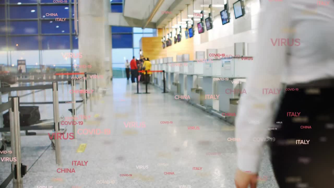 바이러스의 디지털 복합 비디오 중국 이탈리아 가방을 들고 있는 항공 호스테이스에 대한 텍스트