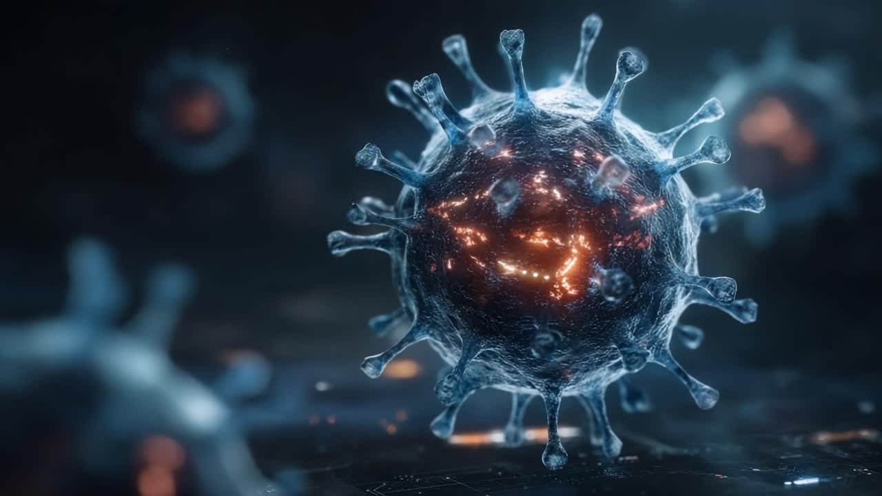 Intricate Close-Up of a Virus Structure Illuminated by Pulsating Light in a Dark Environment, Showcasing its Unique Features and Surroundings