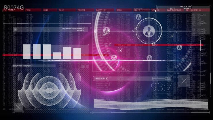 Data analysis and signal processing animation over futuristic interface with charts and graphs