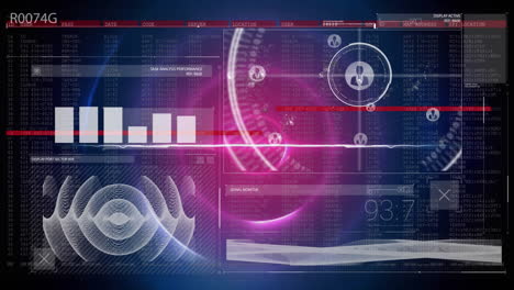 data analysis and signal processing animation over futuristic interface with charts and graphs