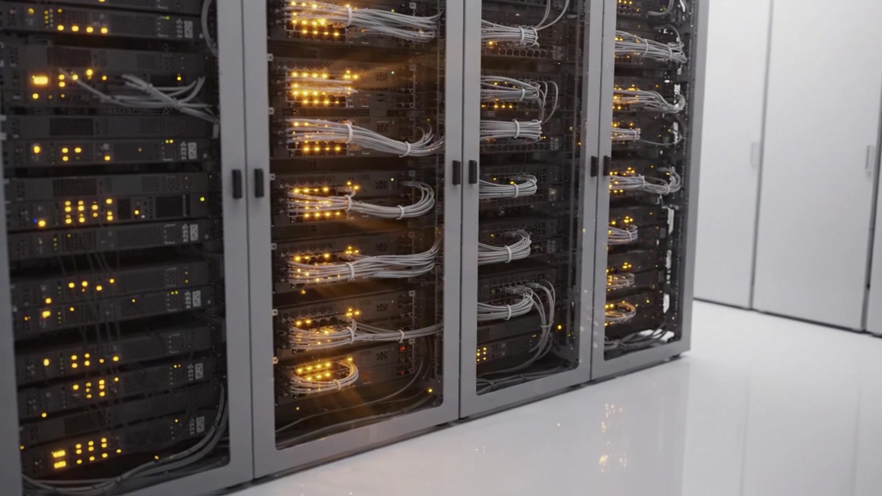 A High-Tech Data Center Featuring Rows of Network Servers with Illuminated Indicators and Cable Management, Illustrating Modern Computing Infrastructure and Storage Solutions.