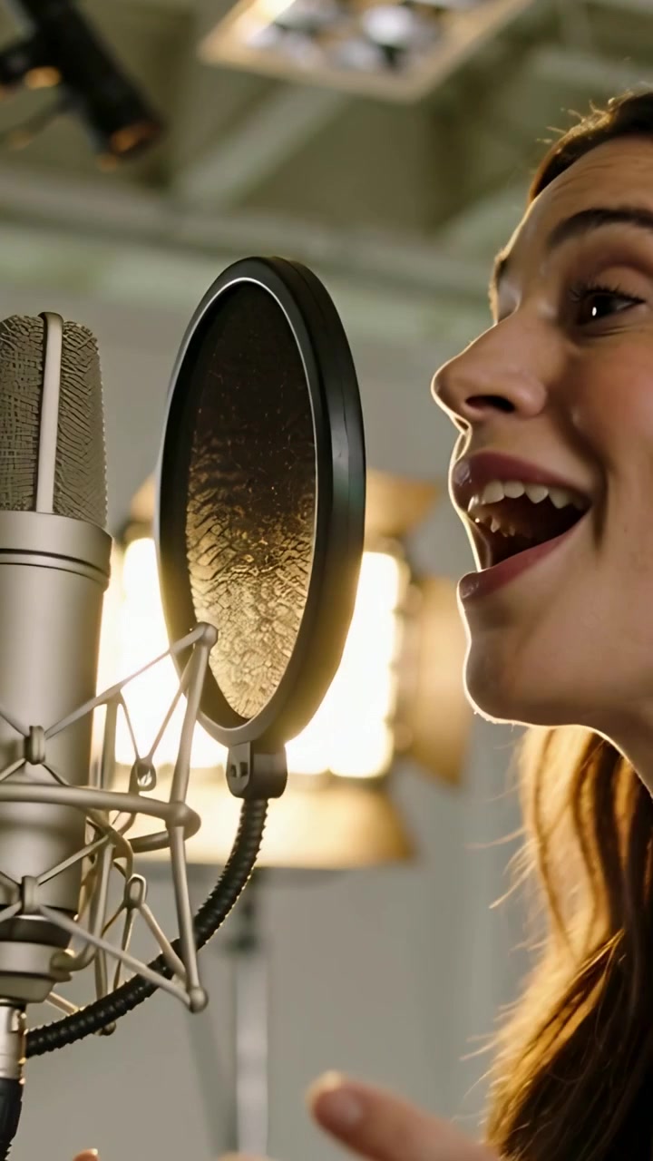 Video verticale: Cantante che si prepara, chinandosi verso il filtro anti-pop del microfono, cantando per registrare in studio.