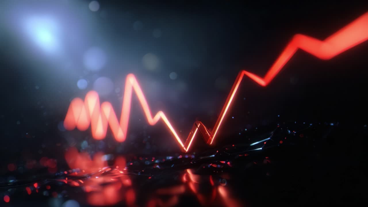 Red glowing line graph rises sharply against dark background. Graph shows volatile financial data trends. Bright bokeh lights add dramatic effect. Ideal for stock market, finance, or economic reports