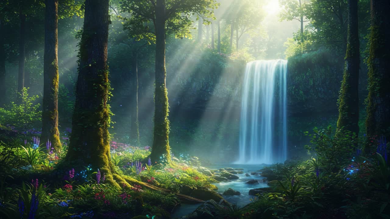 Et fredfyldt vandfald kaskader gennem et frodigt skovlandskab, badet i æterisk sollys og omgivet af levende flora, hvilket skaber et fortryllende naturparadis
