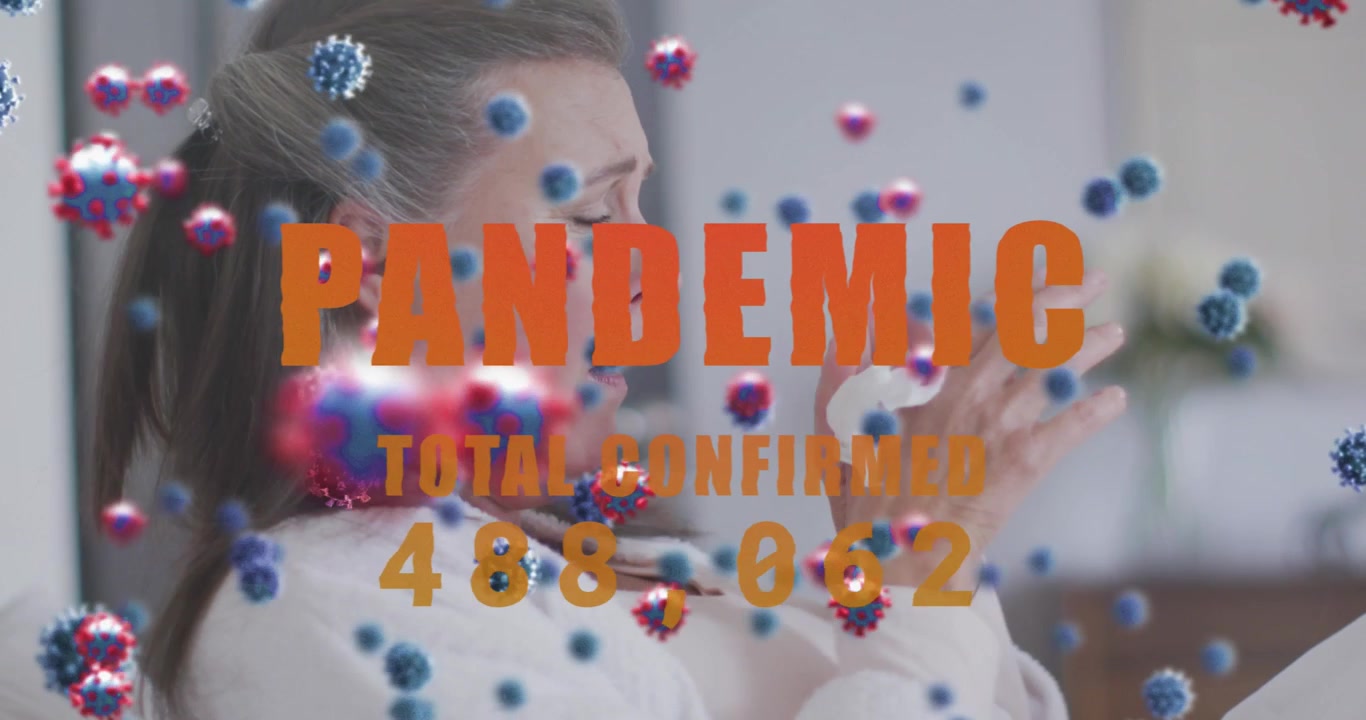 Donna malata che tossisce con particelle di virus fluttuanti e statistiche sulla pandemia
