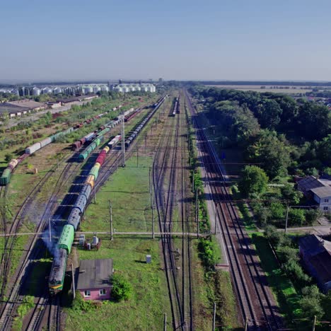 aerial view of a train yard and tracks
