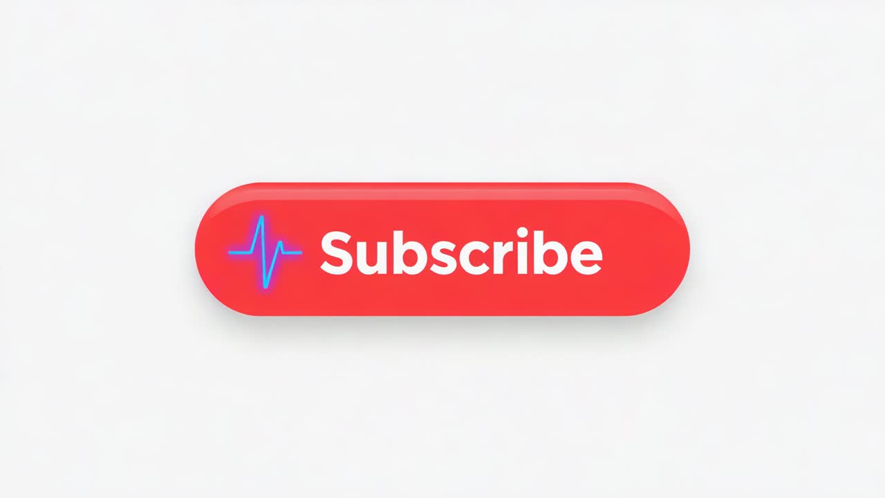 Appearing red Subscribe button pulsing blue heart icon, scaling, rising on off-white, drawing focus