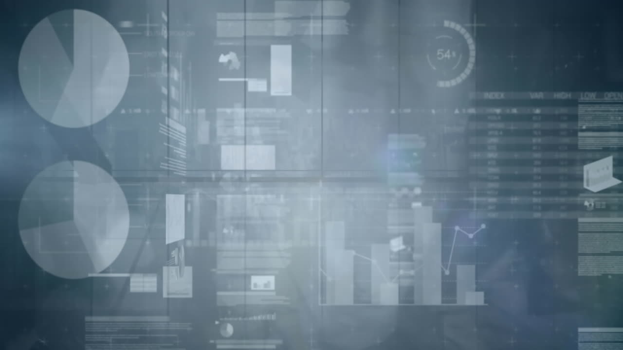 Animation of loading circles, trading board, time lapse of people walking against glass window
