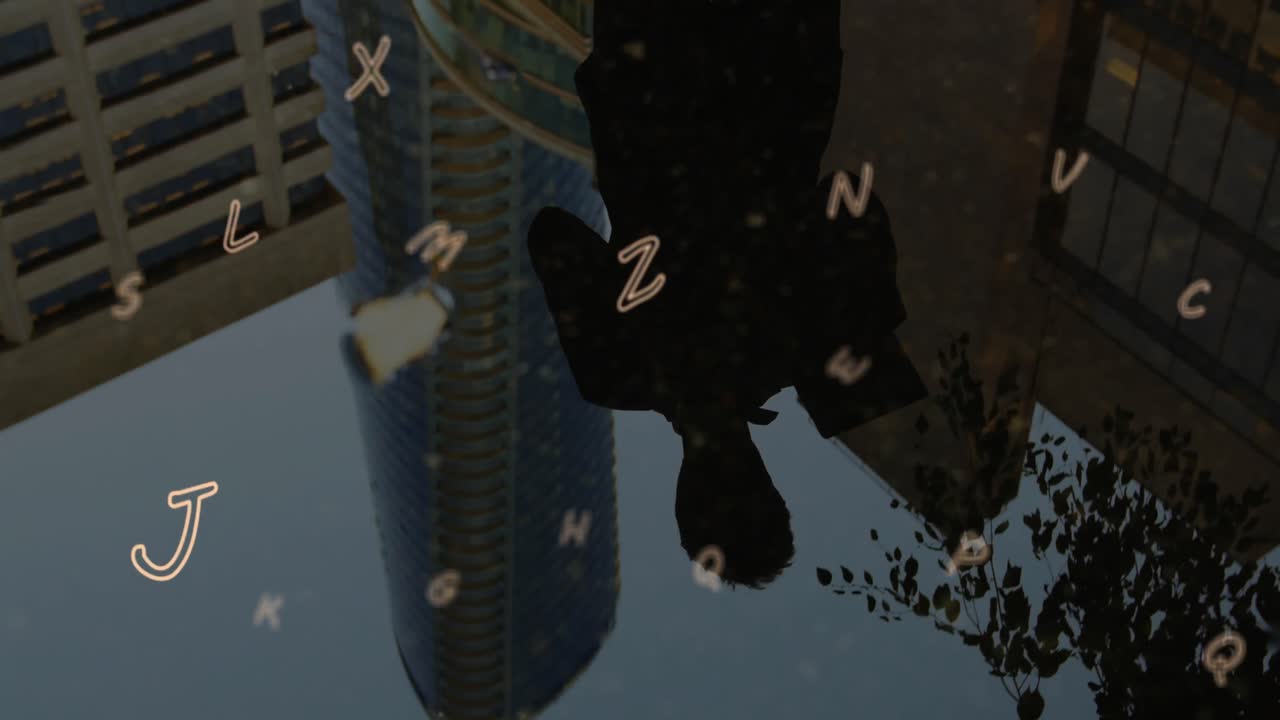 도시 풍경 위에 떨어지는 글자의 애니메이션