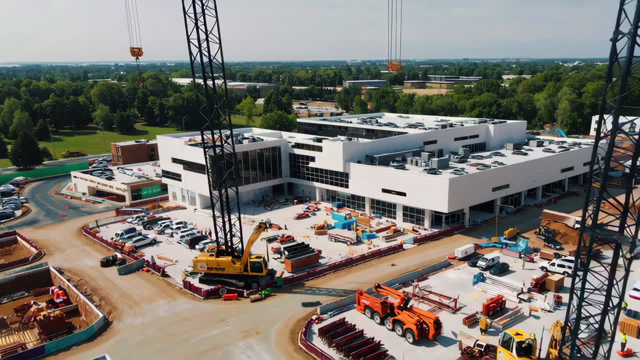 Airport Construction Site with Cranes and Workers