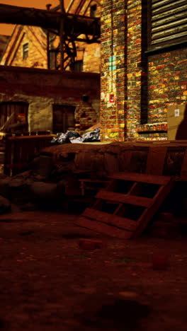 a dark, grunge alley with a brick wall and a rusty metal building in the background