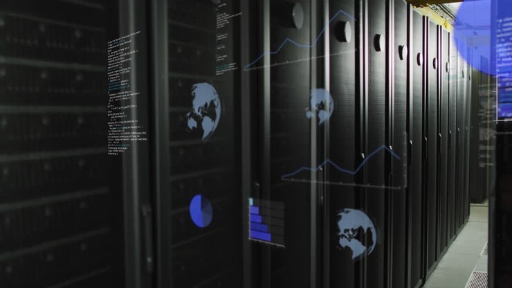 Animation of globes and data processing over server room