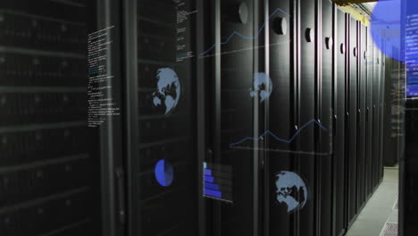 animazione di globi e elaborazione dei dati su server room