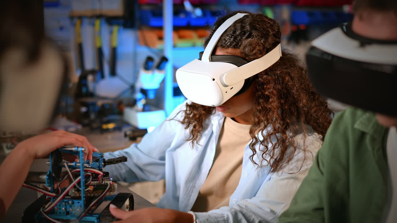 En gruppe unge mennesker med VR-briller, der laver roboteksperimenter i et laboratorium. Robotter på bordet