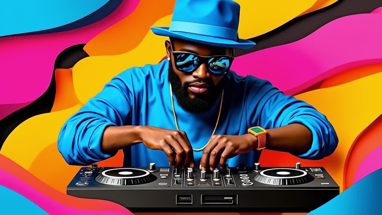 A man in a blue hat and sunglasses playing a dj set