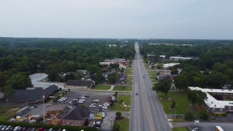 A-drone-shot-of-Wade-Hampton-leading-towards-downtown-Greenville-South-Carolina
