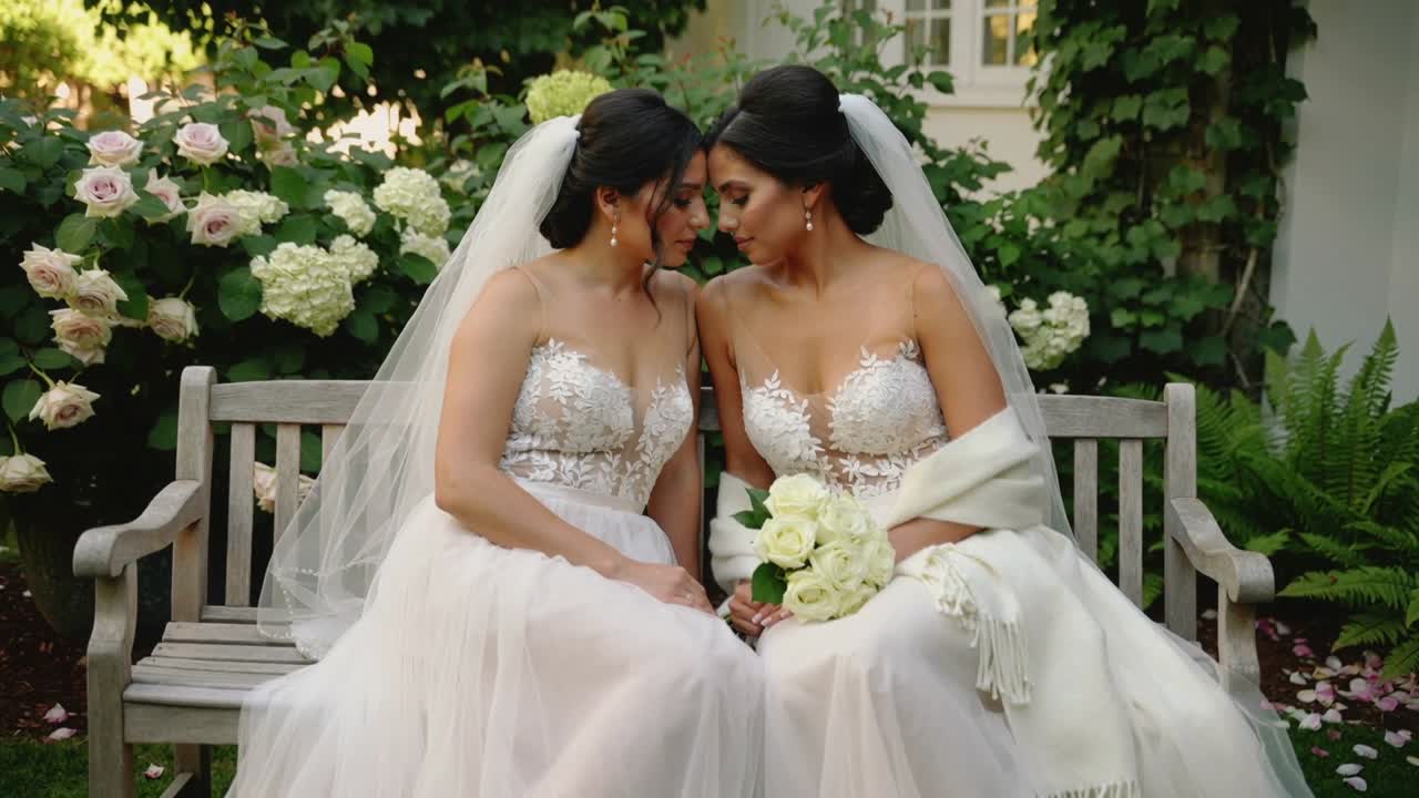 Se penchant alors que la caméra se resserre, des mariées en robes tenant un bouquet sur un banc de jardin pour un mariage