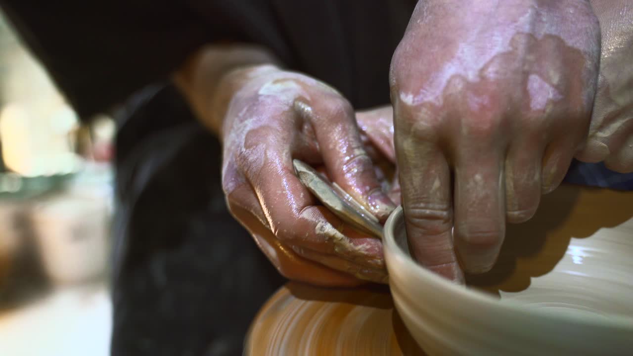 Mãos moldando a argila em uma roda de cerâmica