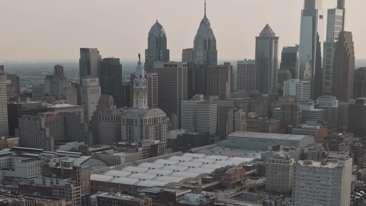 Views of Philadelphia skyline from an aerial drone perspective