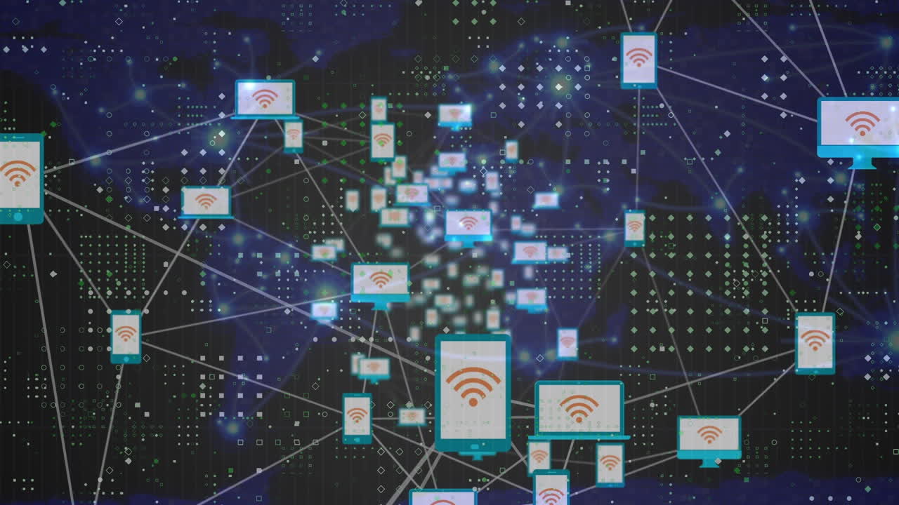 Network of digital icons floating over network of connections on world map against black background