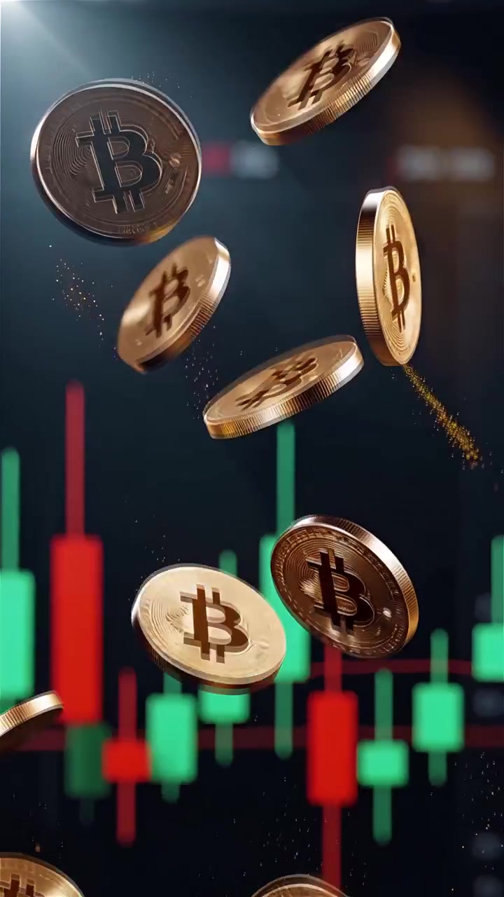 Moedas de Bitcoin douradas com fundo de gráfico de velas desfocado 4K