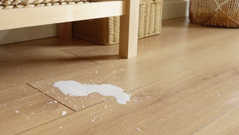leche derramada en el suelo de madera